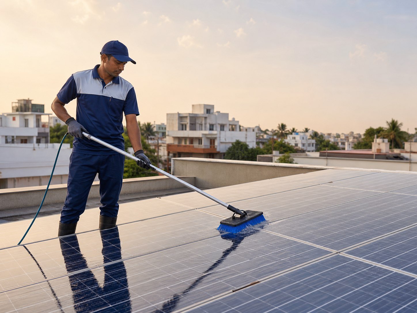 Illustrative view of a technician cleaning rooftop photovoltaic panels